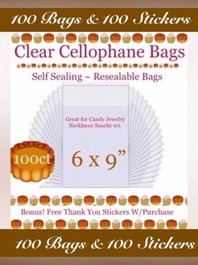 100ct ~6’x9’ Crystal Clear Cello Bags w/100ct Free Thank-You Stickers 🍃🆕🍃